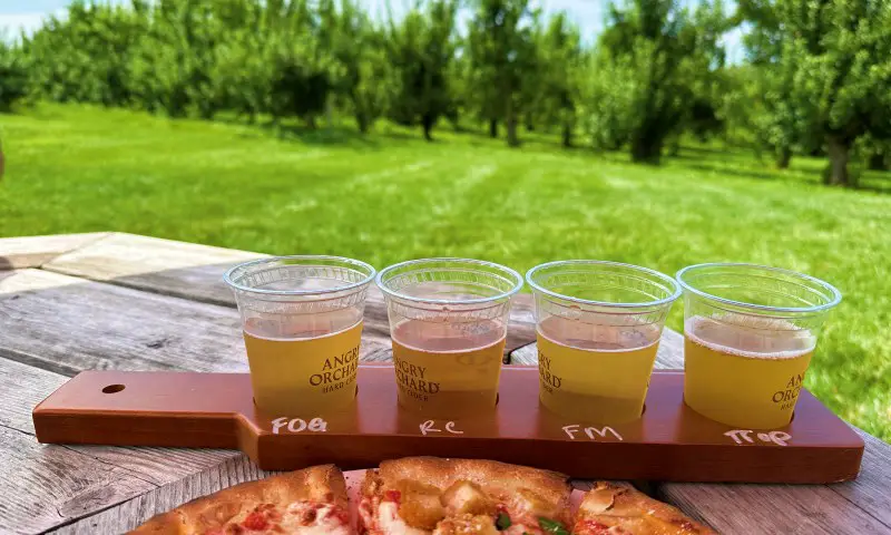 g plastic cups with cider in a wooden pallet, a part of a pizza and a alwn and apple orchard in the background at Angry Orchard apple cider brewery